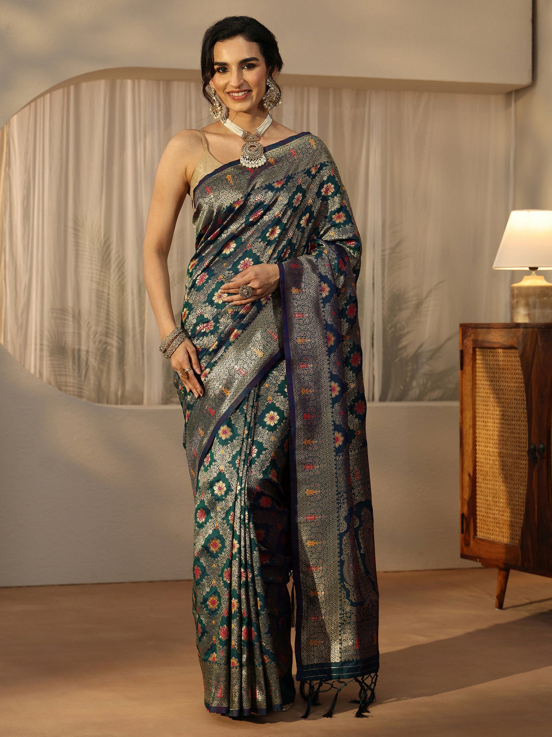 Mameraa Peacock Blue Banarasi Silk Blend Saree