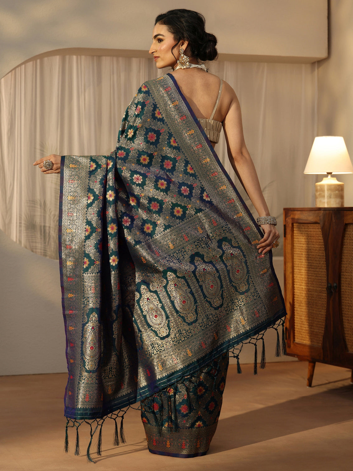 Mameraa Peacock Blue Banarasi Silk Blend Saree