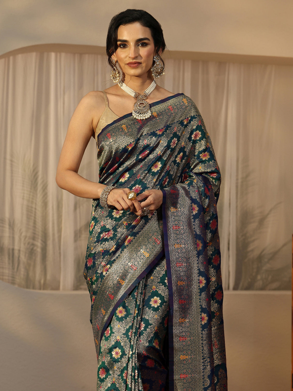 Mameraa Peacock Blue Banarasi Silk Blend Saree