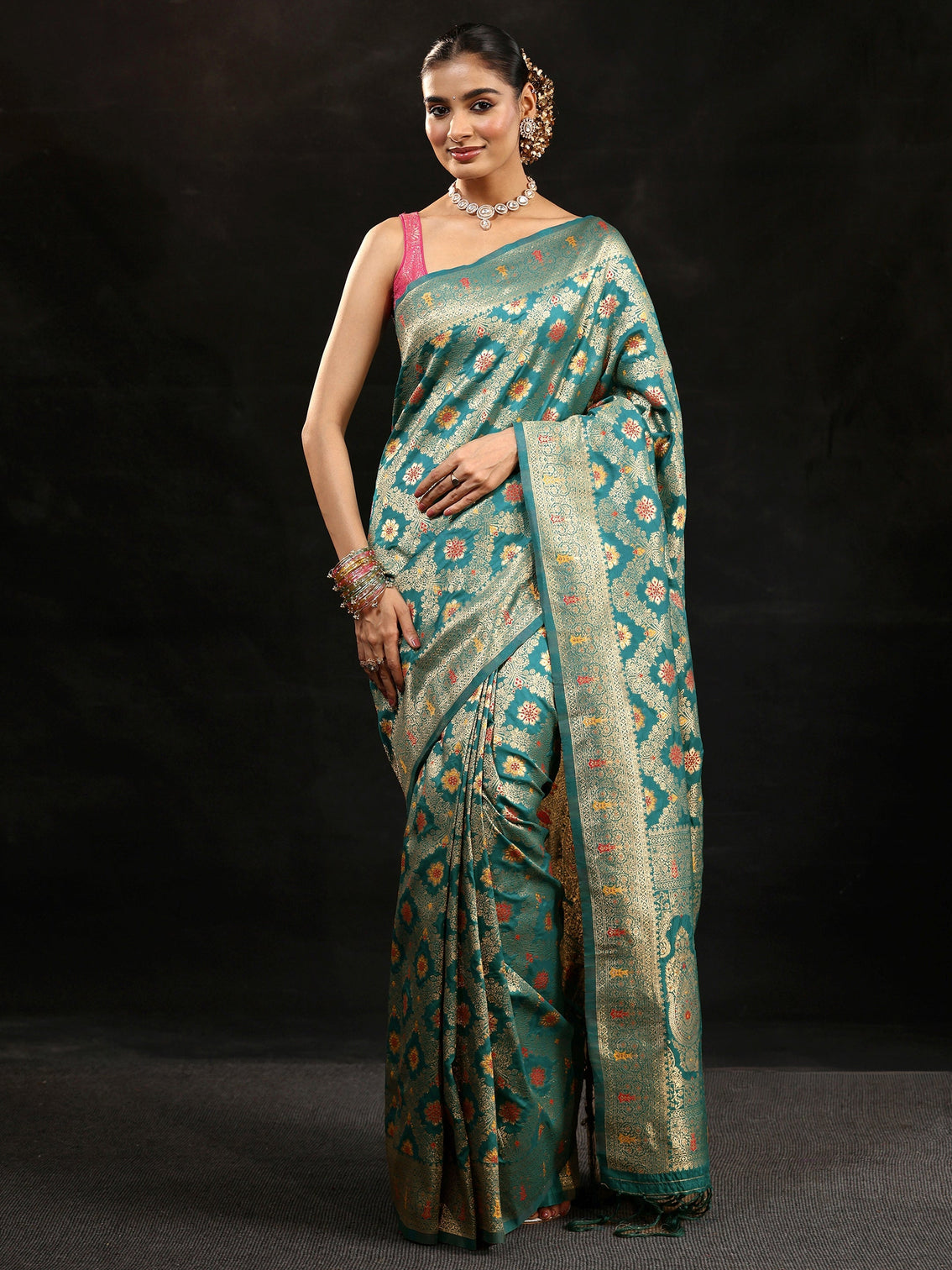 Mameraa Teal Green Meenakari Banarasi Silk Blend Saree