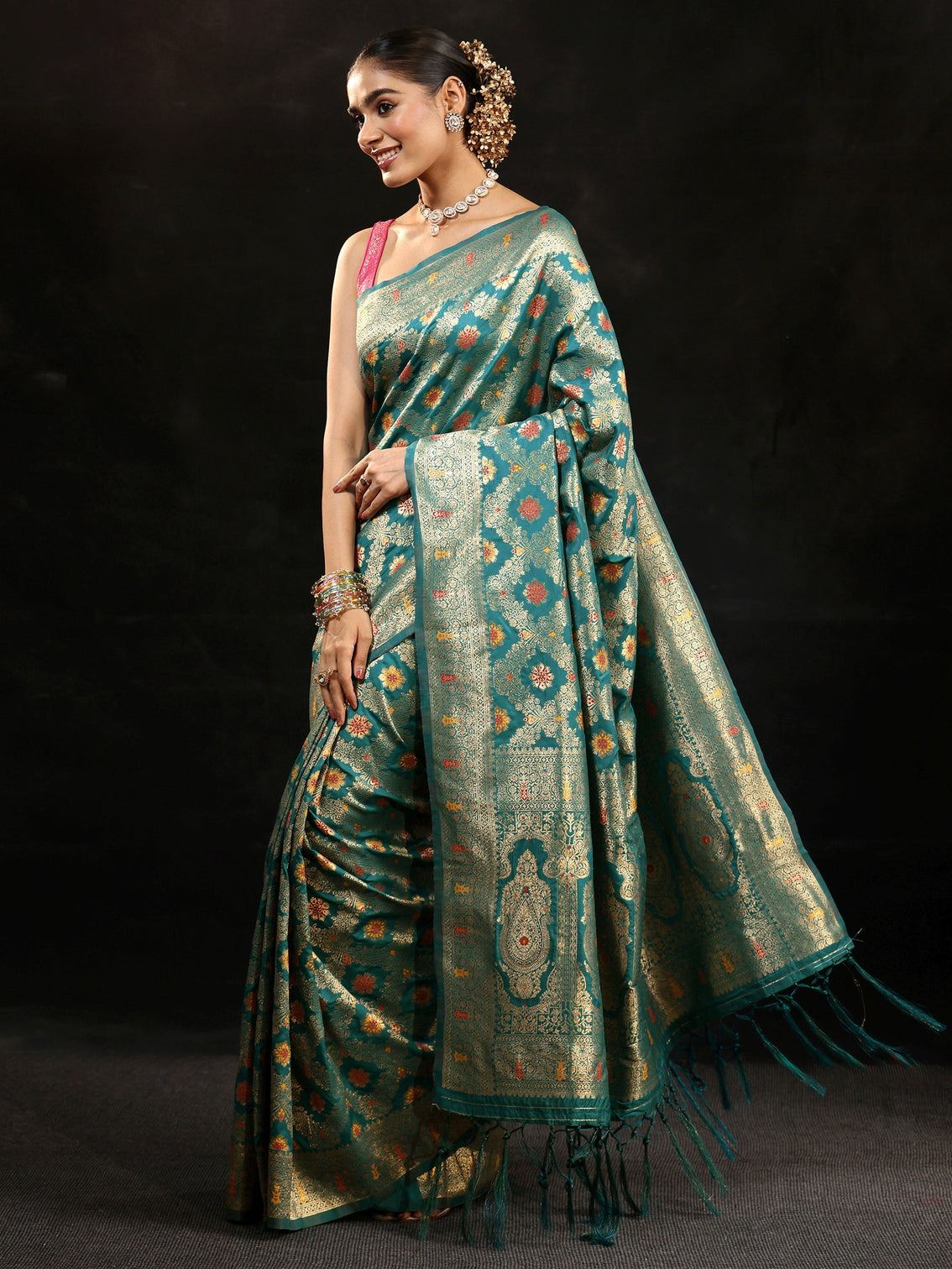 Mameraa Teal Green Meenakari Banarasi Silk Blend Saree