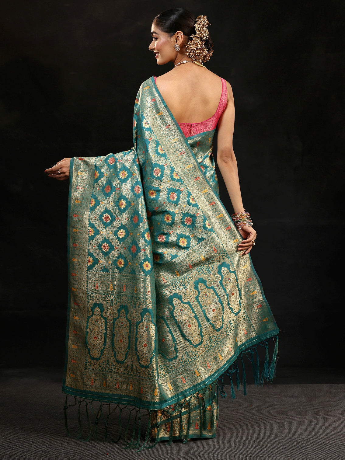 Mameraa Teal Green Meenakari Banarasi Silk Blend Saree