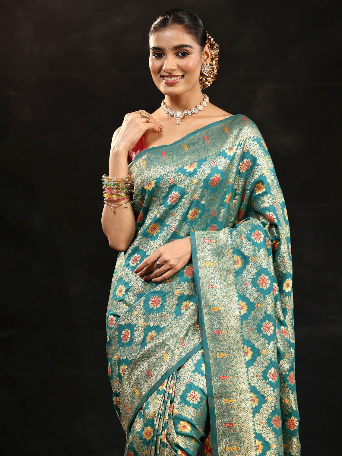 Mameraa Teal Green Meenakari Banarasi Silk Blend Saree