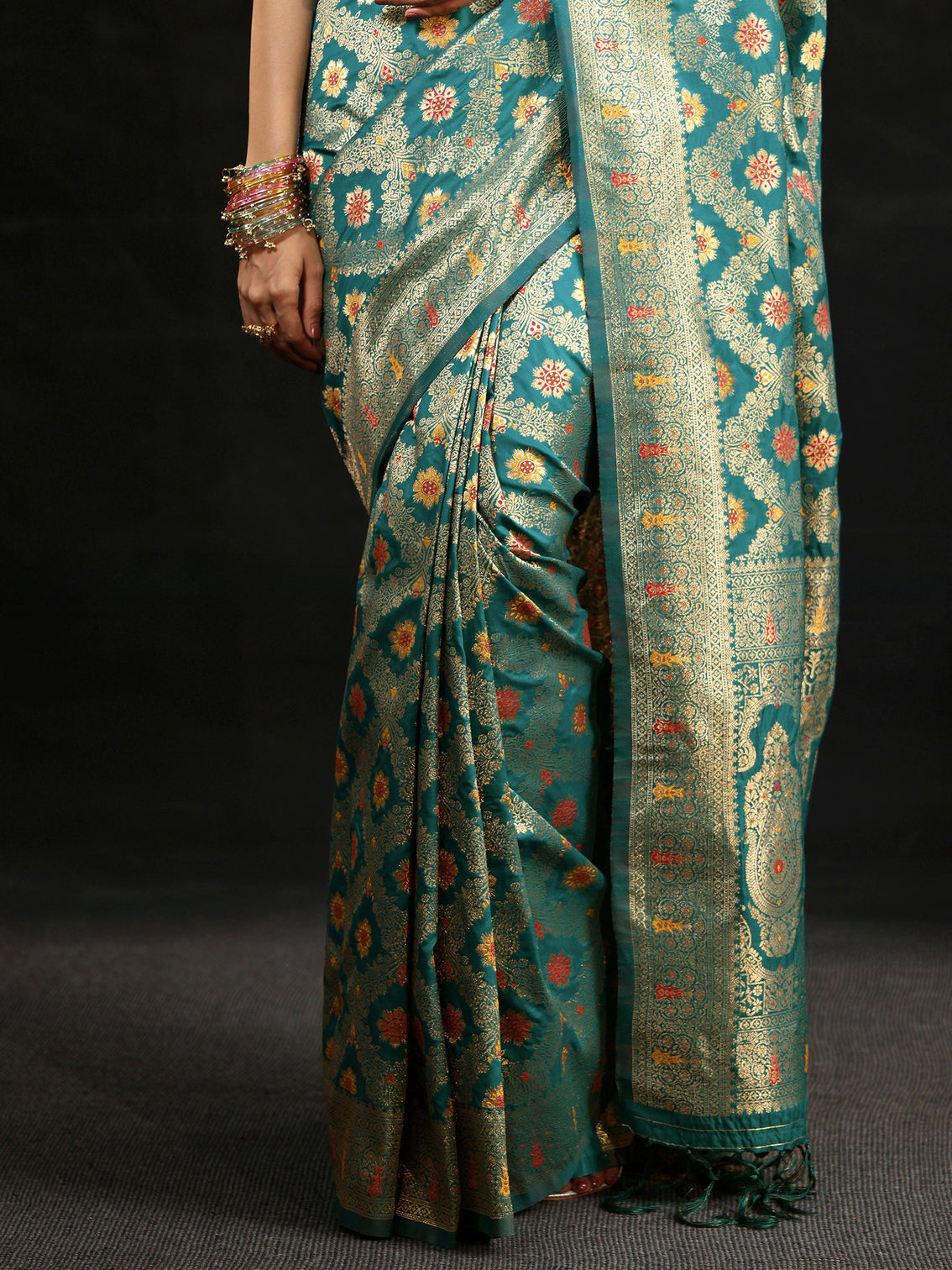 Mameraa Teal Green Meenakari Banarasi Silk Blend Saree