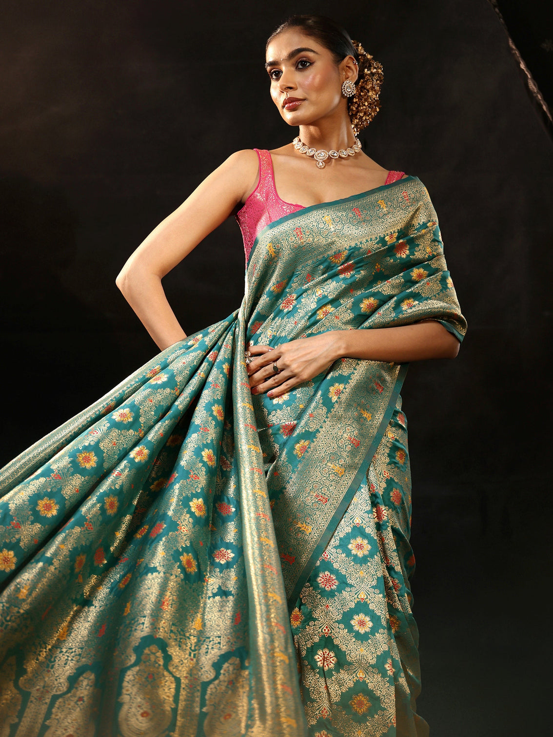 Mameraa Teal Green Meenakari Banarasi Silk Blend Saree