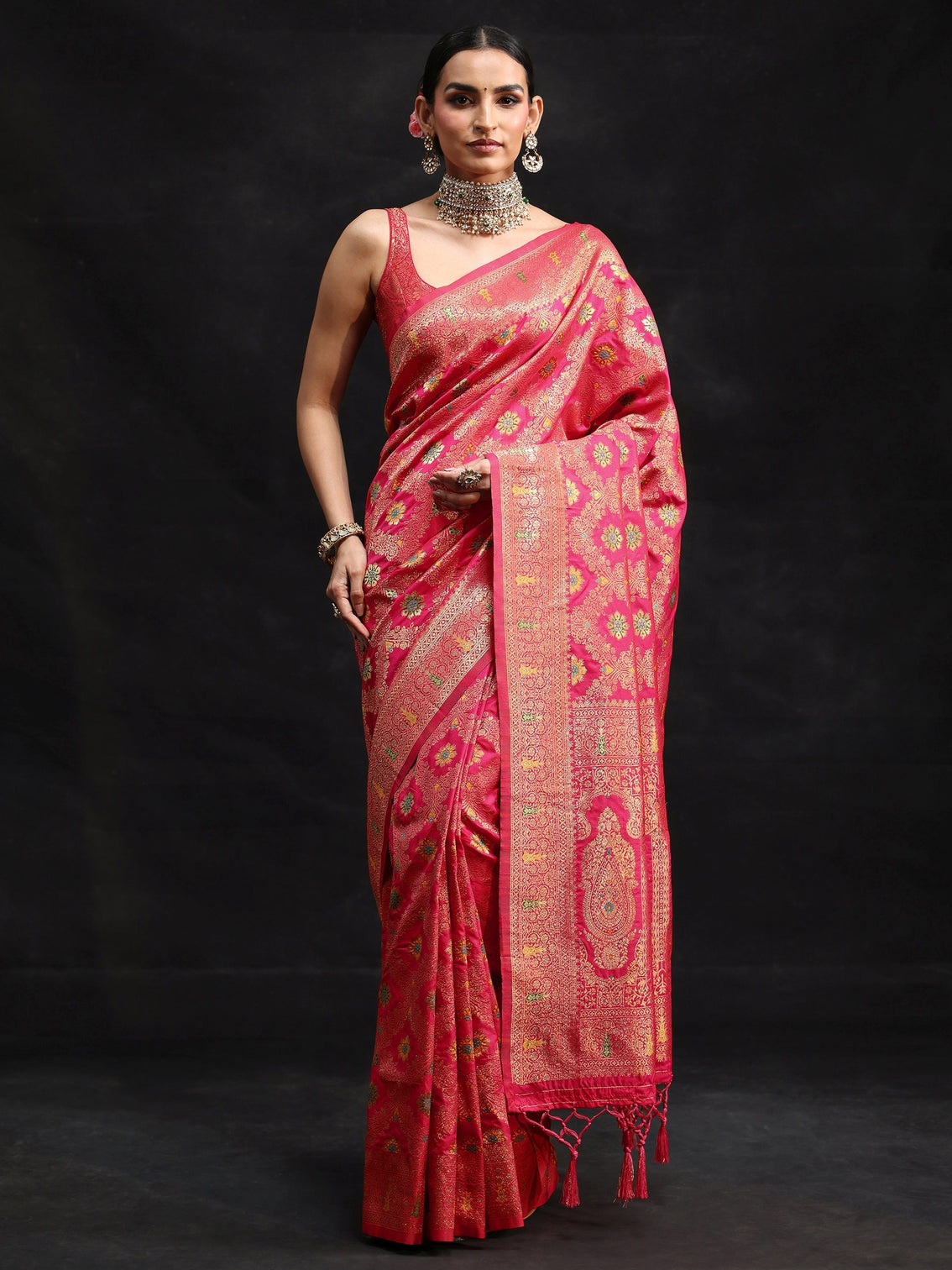 Mameraa Rani Pink Meenakari Banarasi Silk Blend Saree