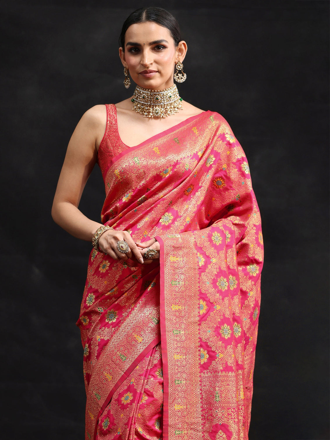 Mameraa Rani Pink Meenakari Banarasi Silk Blend Saree