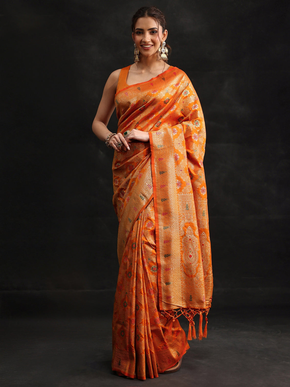 Mameraa Orange Meenakari Banarasi Silk Blend Saree