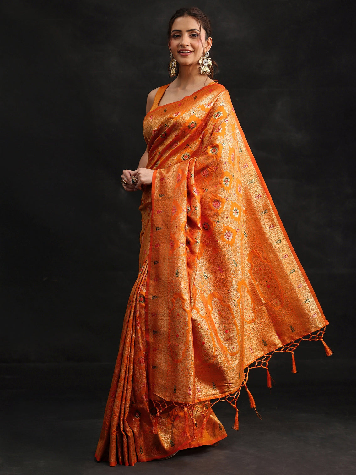 Mameraa Orange Meenakari Banarasi Silk Blend Saree