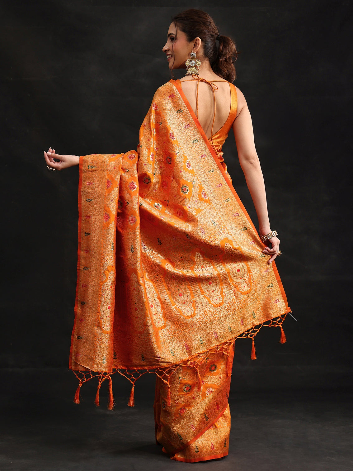 Mameraa Orange Meenakari Banarasi Silk Blend Saree