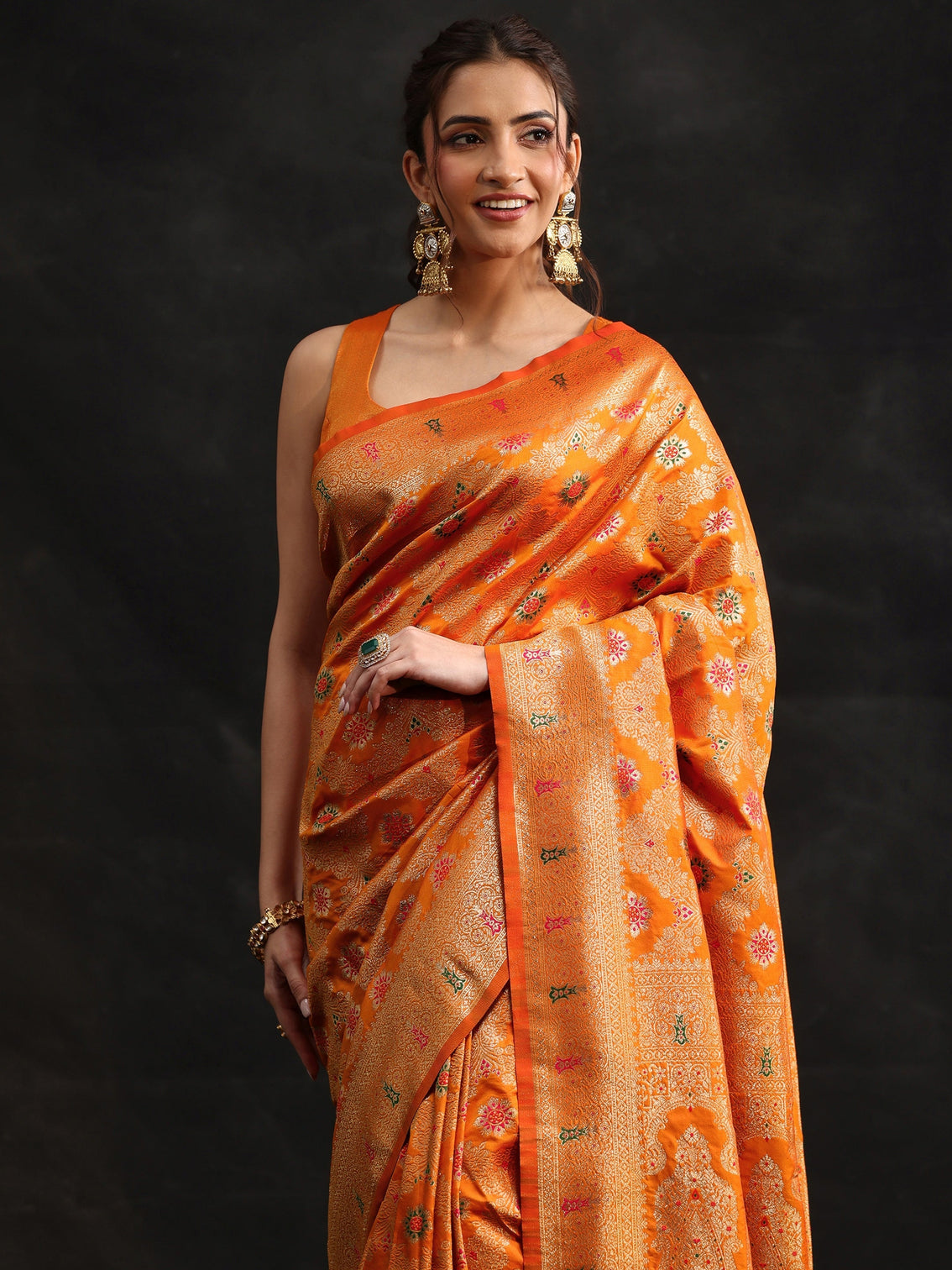 Mameraa Orange Meenakari Banarasi Silk Blend Saree