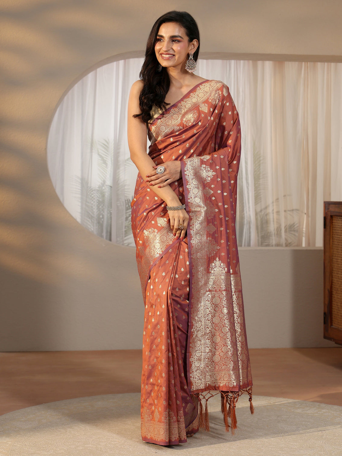 Mameraa Rust Brown Banarasi Silk Blend Saree