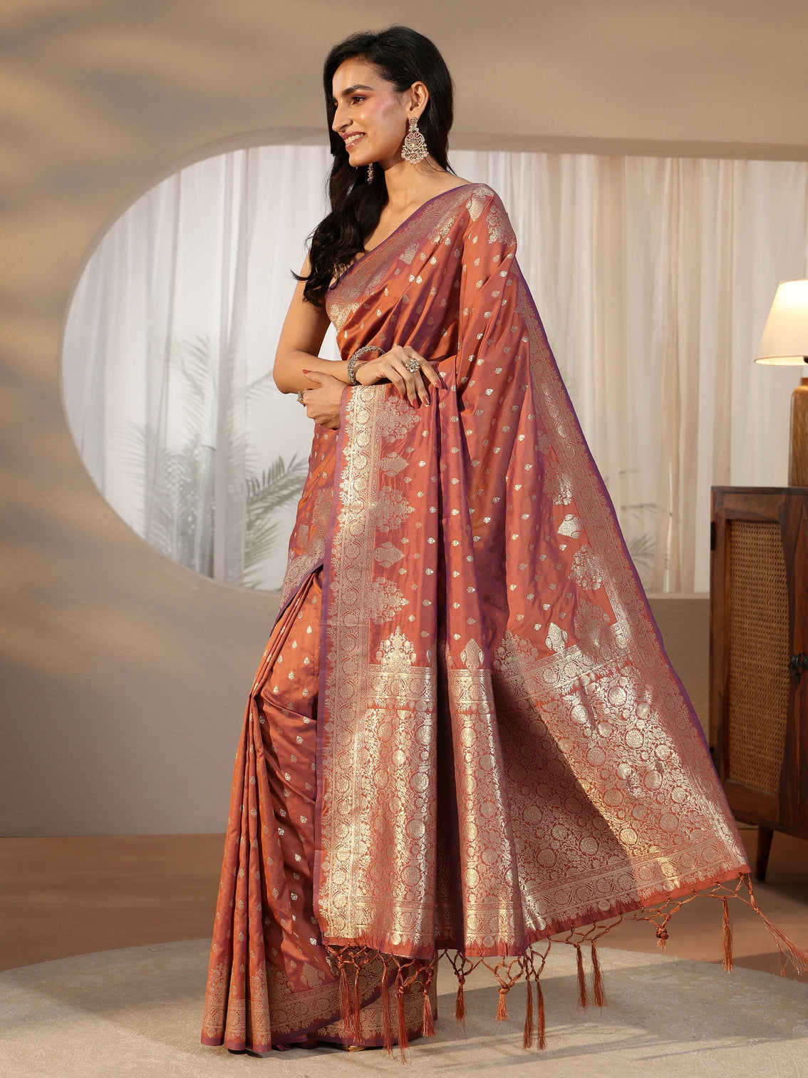 Mameraa Rust Brown Banarasi Silk Blend Saree