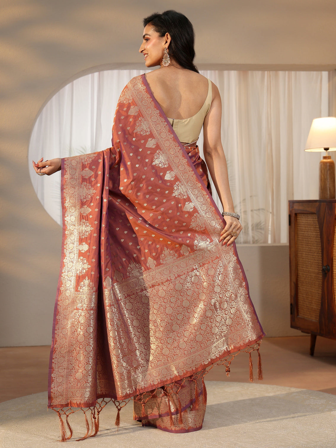 Mameraa Rust Brown Banarasi Silk Blend Saree
