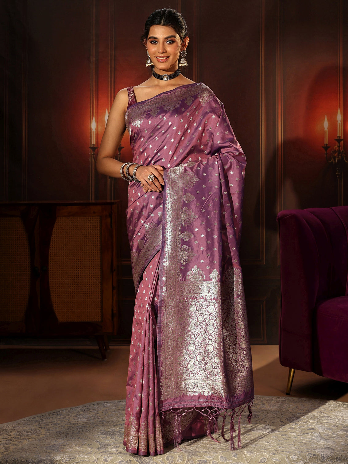 Mameraa Lavender Banarasi Silk Blend Saree
