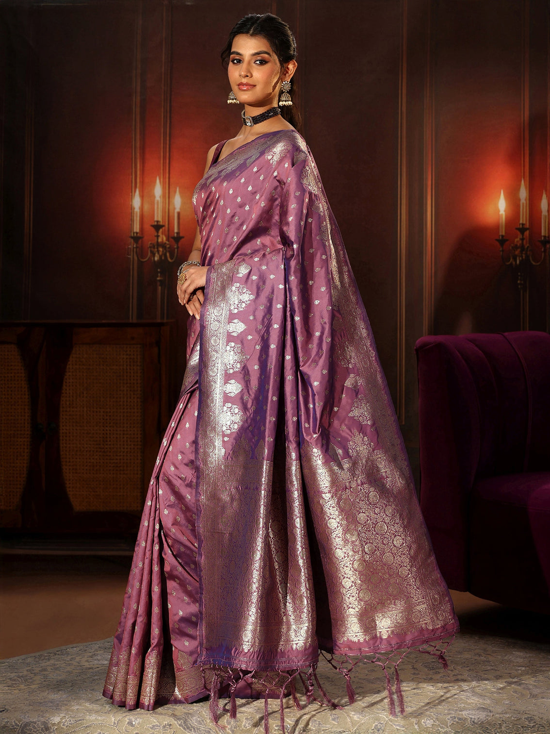 Mameraa Lavender Banarasi Silk Blend Saree