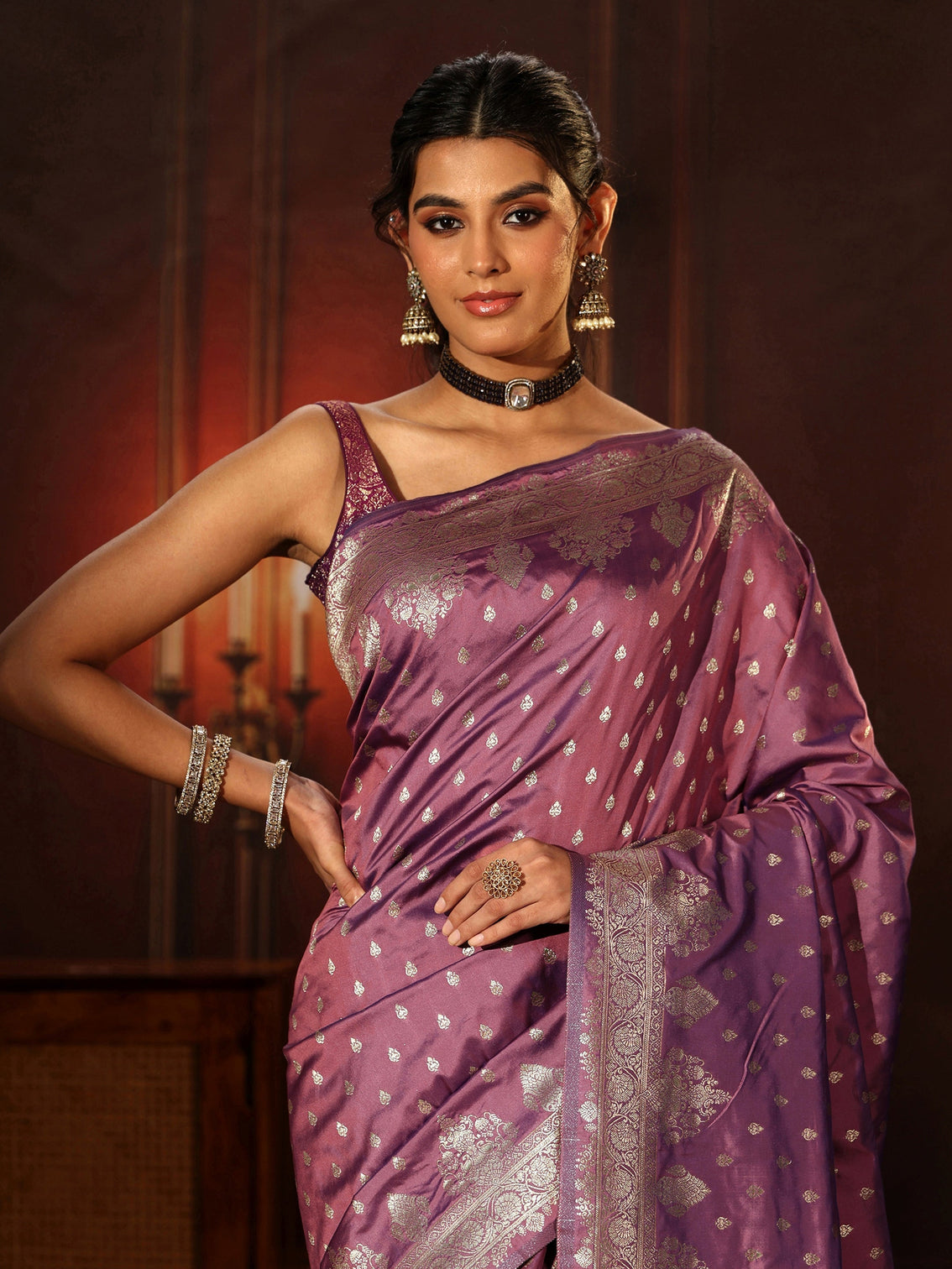 Mameraa Lavender Banarasi Silk Blend Saree