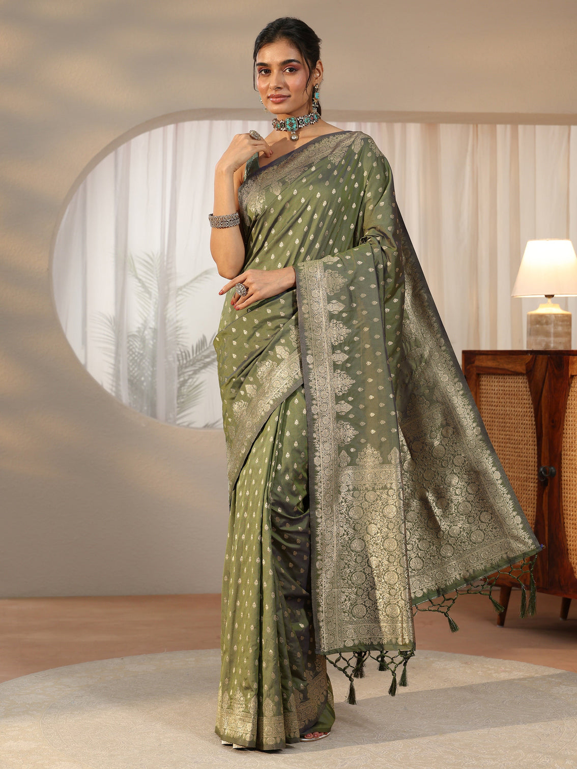 Mameraa Dusty Olive Green Banarasi Silk Blend Saree