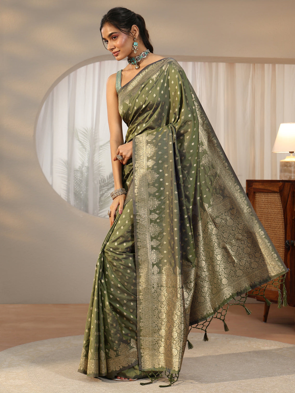 Mameraa Dusty Olive Green Banarasi Silk Blend Saree