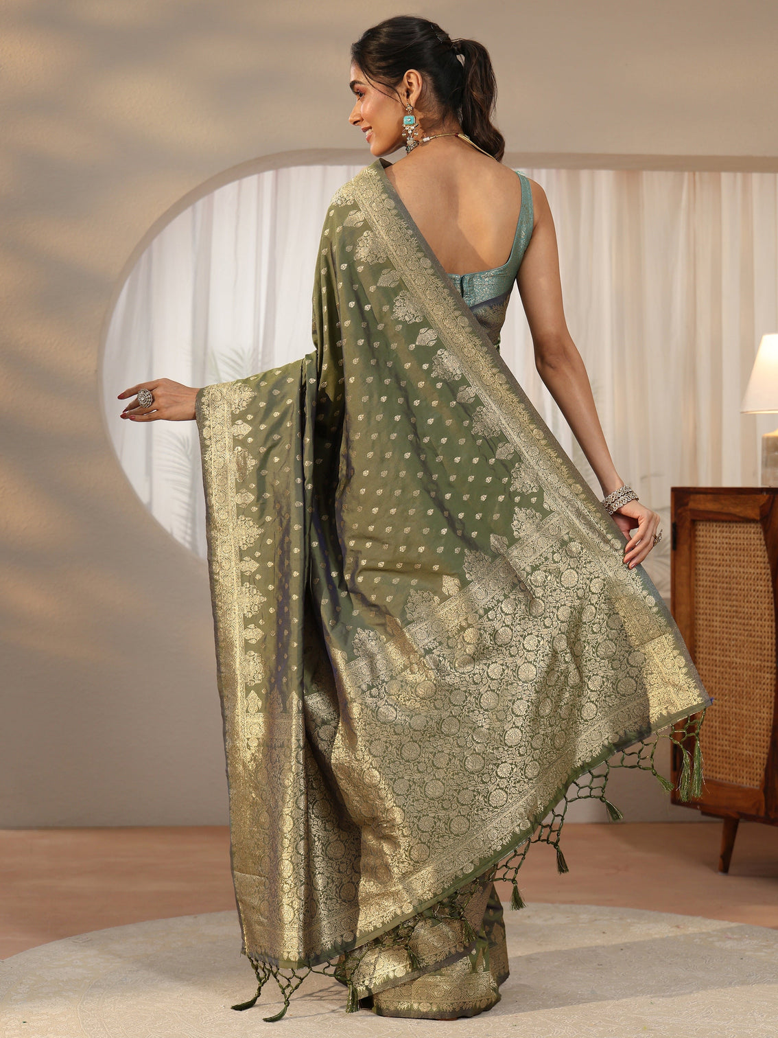 Mameraa Dusty Olive Green Banarasi Silk Blend Saree