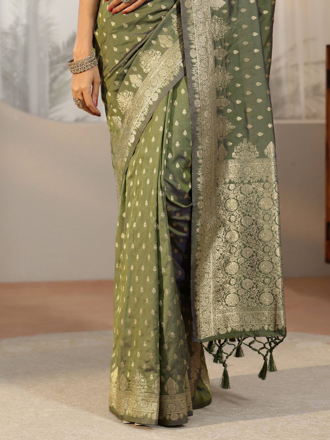 Mameraa Dusty Olive Green Banarasi Silk Blend Saree
