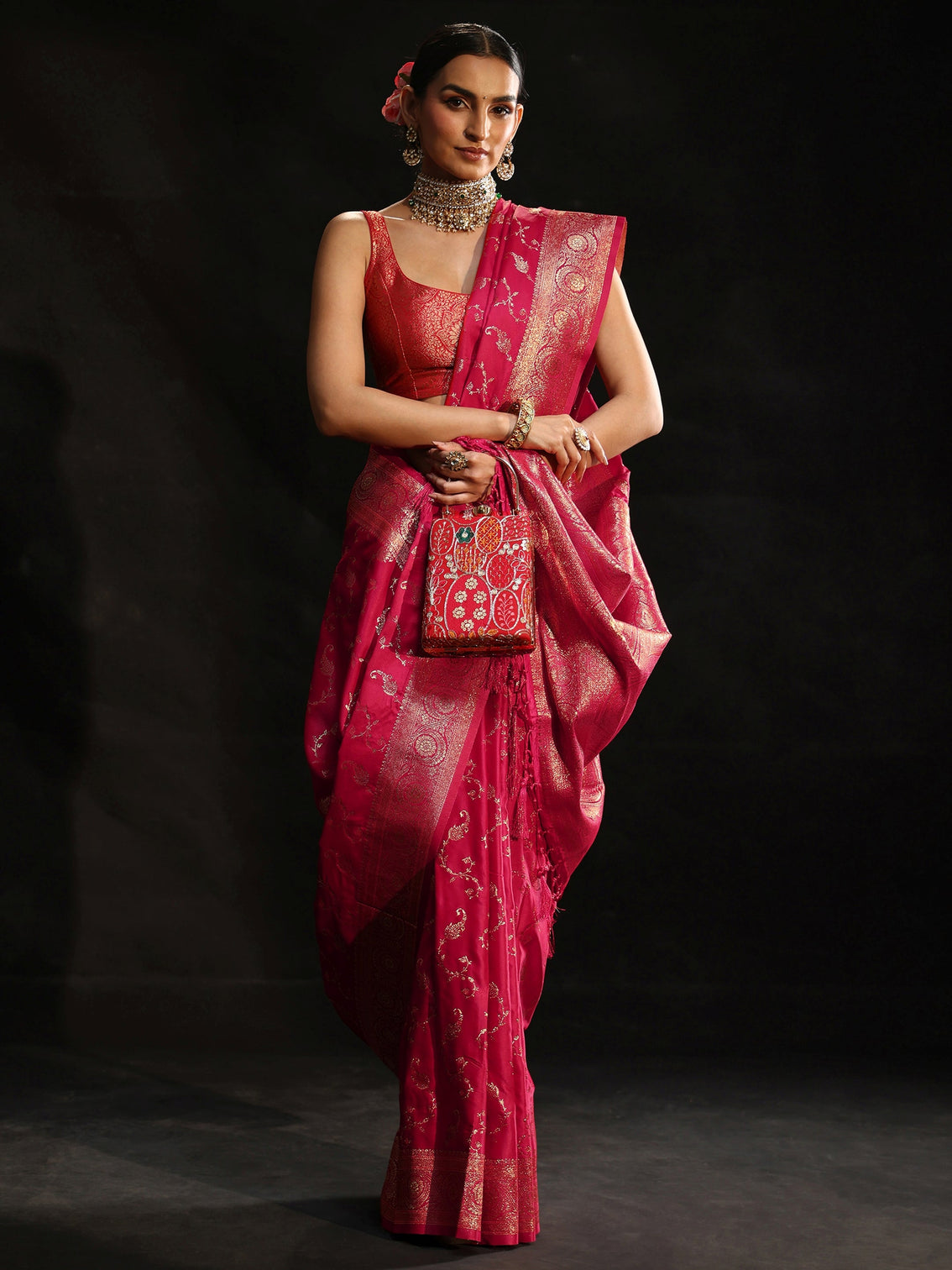 Mameraa Rani Pink Banarasi Silk Blend Saree