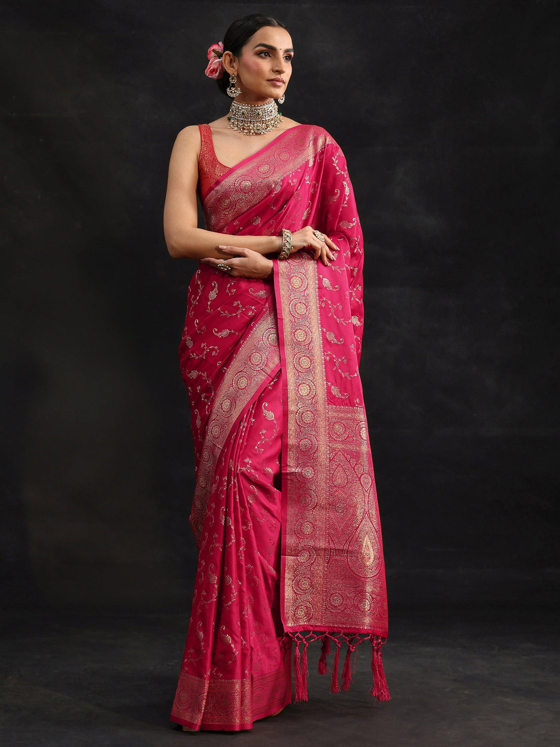 Mameraa Rani Pink Banarasi Silk Blend Saree