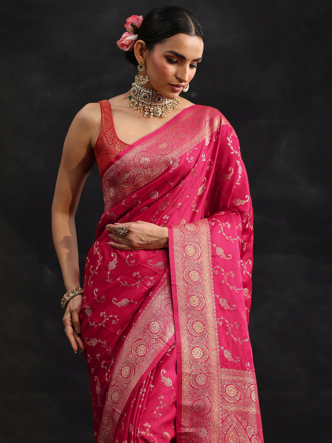 Mameraa Rani Pink Banarasi Silk Blend Saree