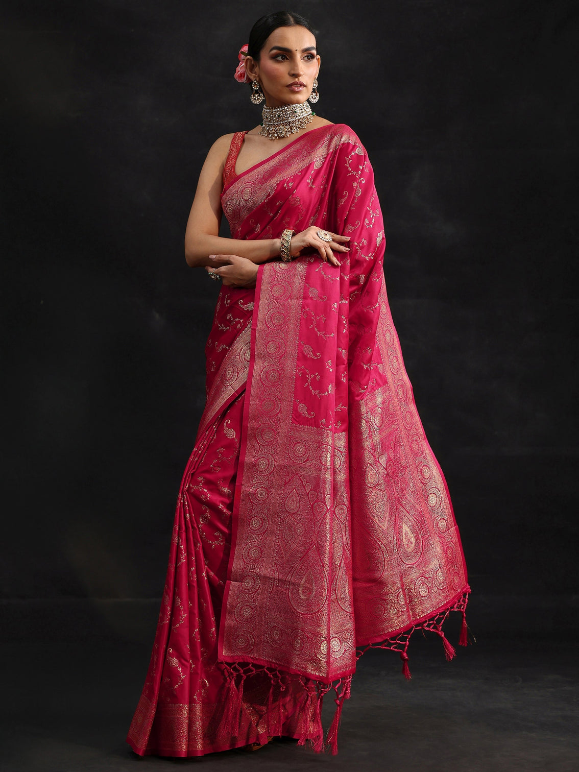 Mameraa Rani Pink Banarasi Silk Blend Saree