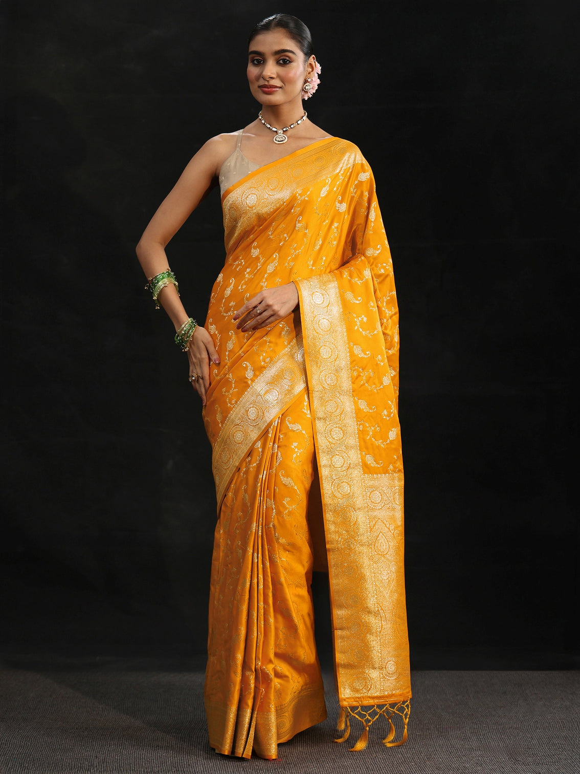 Mameraa Mustard Banarasi Silk Blend Saree