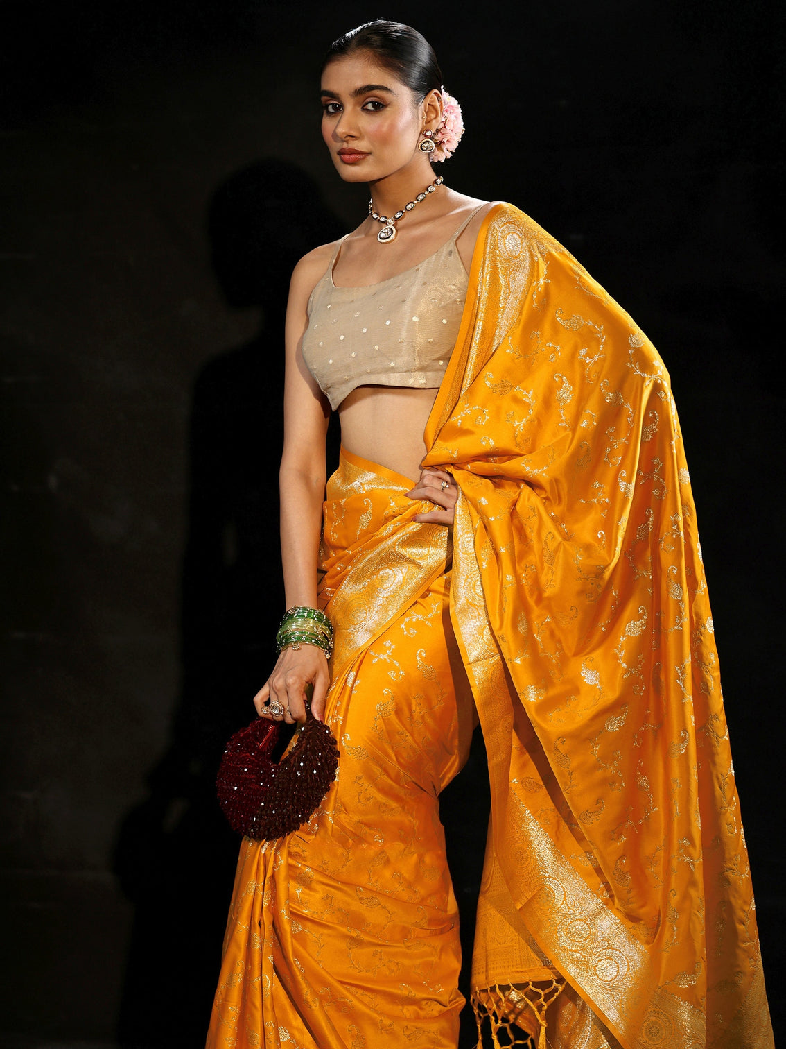 Mameraa Mustard Banarasi Silk Blend Saree