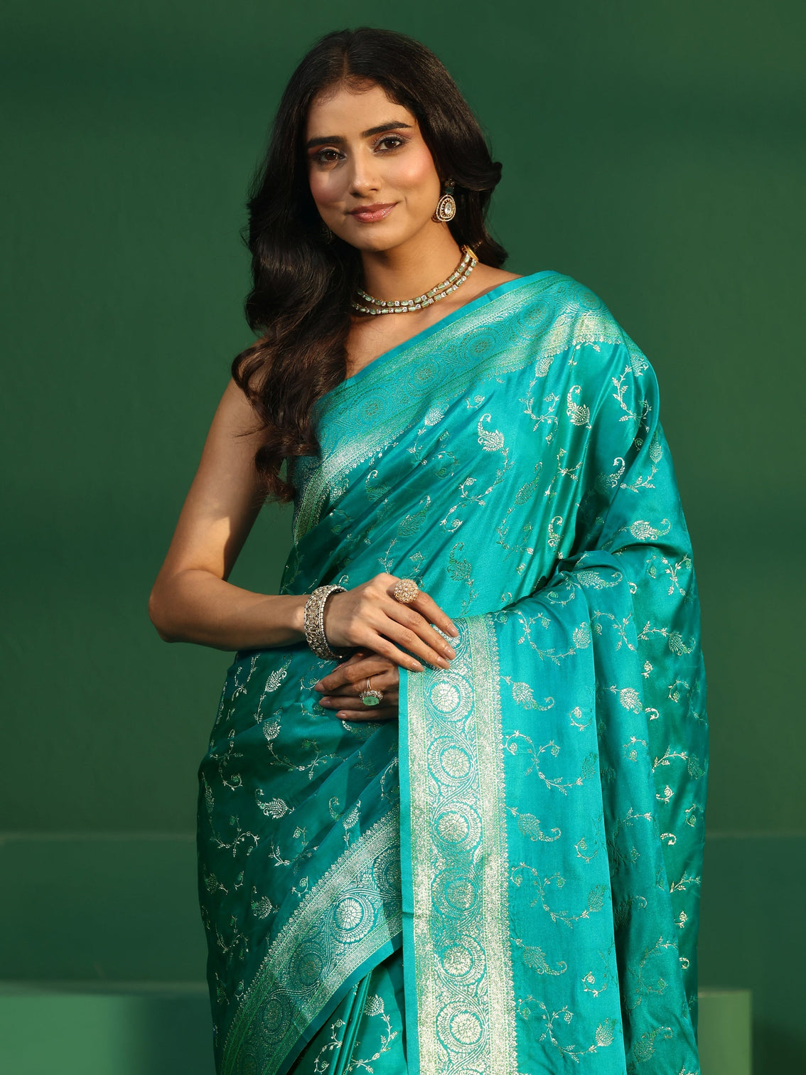 Mameraa Sea Green Banarasi Silk Blend Saree