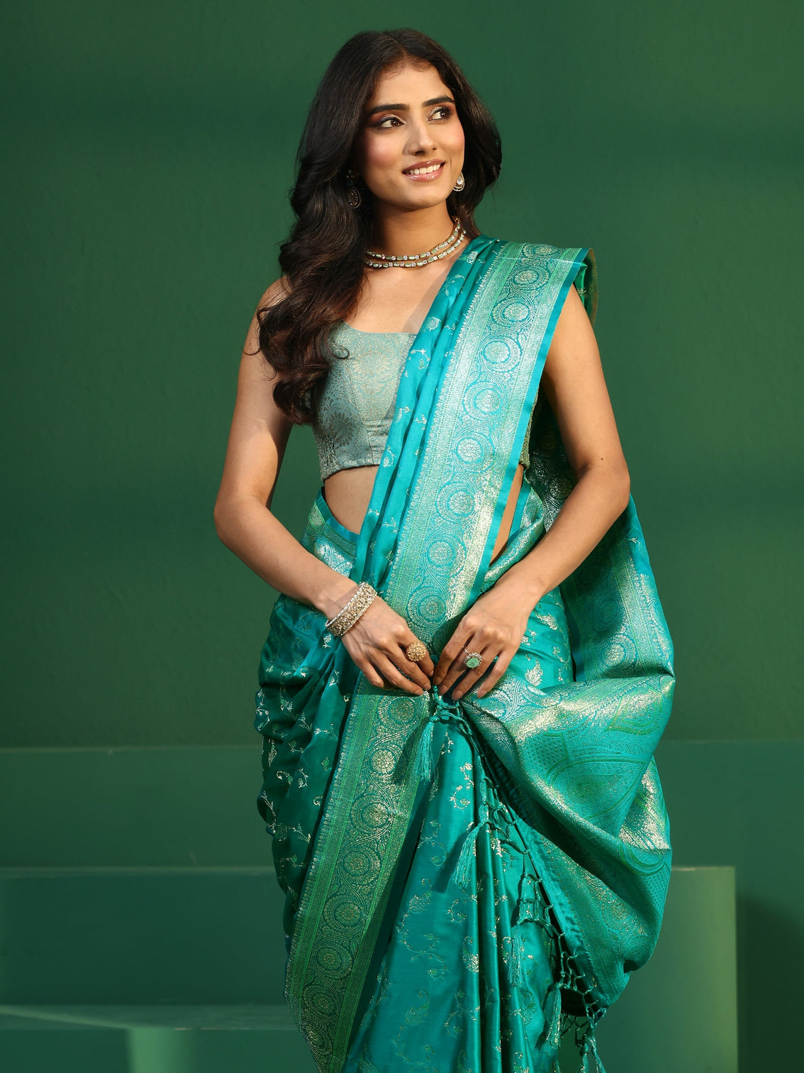 Mameraa Sea Green Banarasi Silk Blend Saree