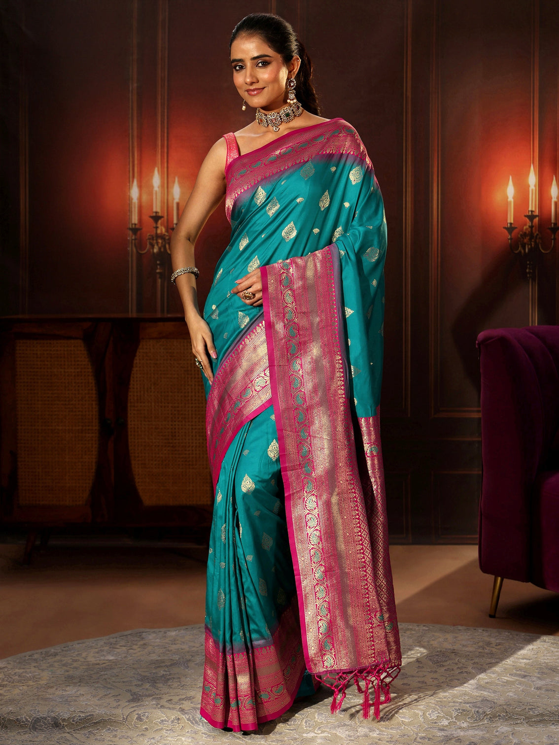 Mameraa Teal Green Banarasi Silk Blend Saree