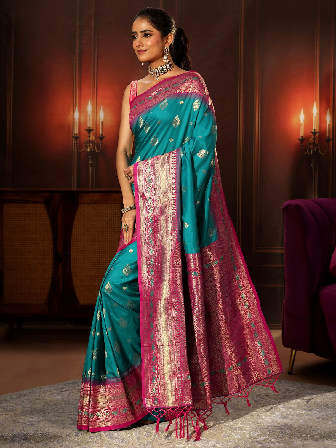 Mameraa Teal Green Banarasi Silk Blend Saree