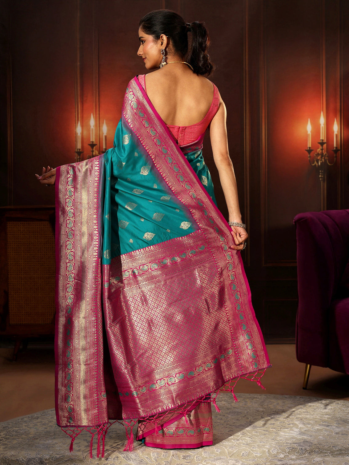 Mameraa Teal Green Banarasi Silk Blend Saree