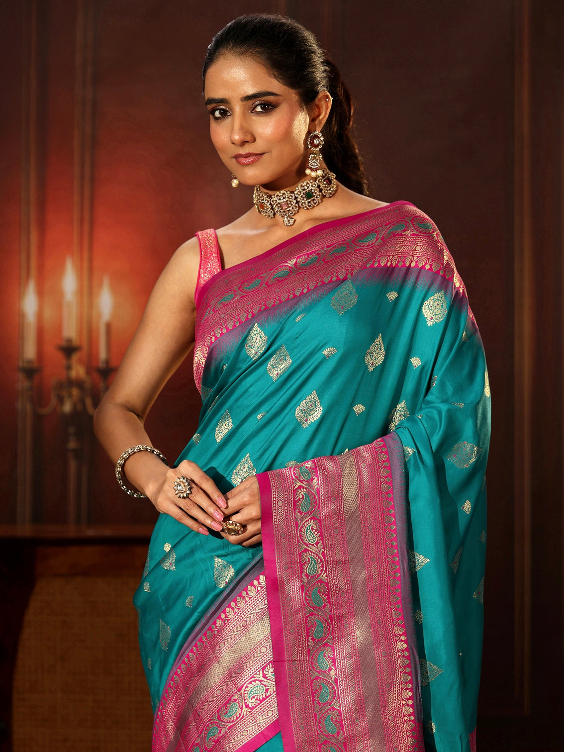 Mameraa Teal Green Banarasi Silk Blend Saree