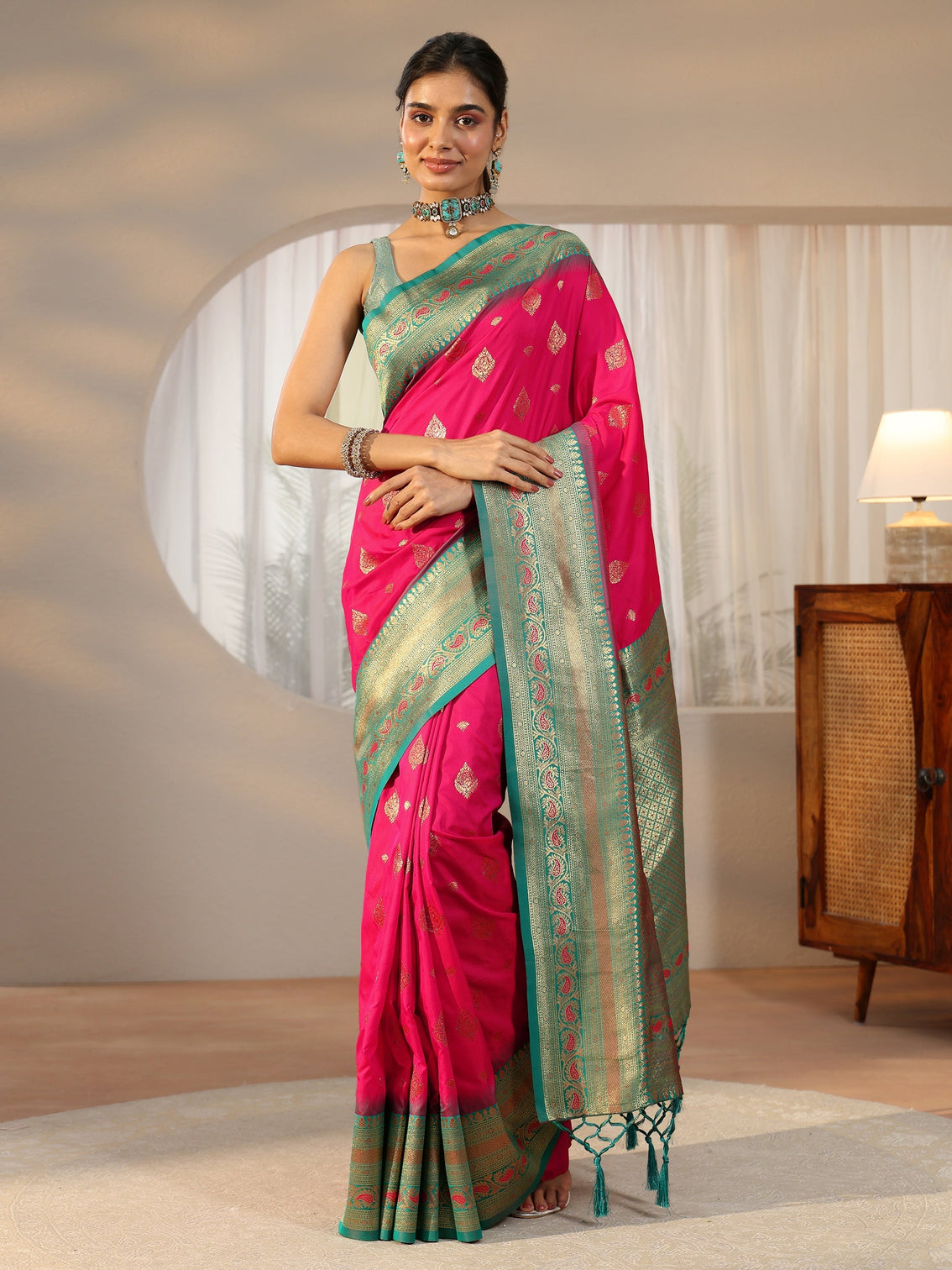 Mameraa Rani Pink Banarasi Silk Blend Saree