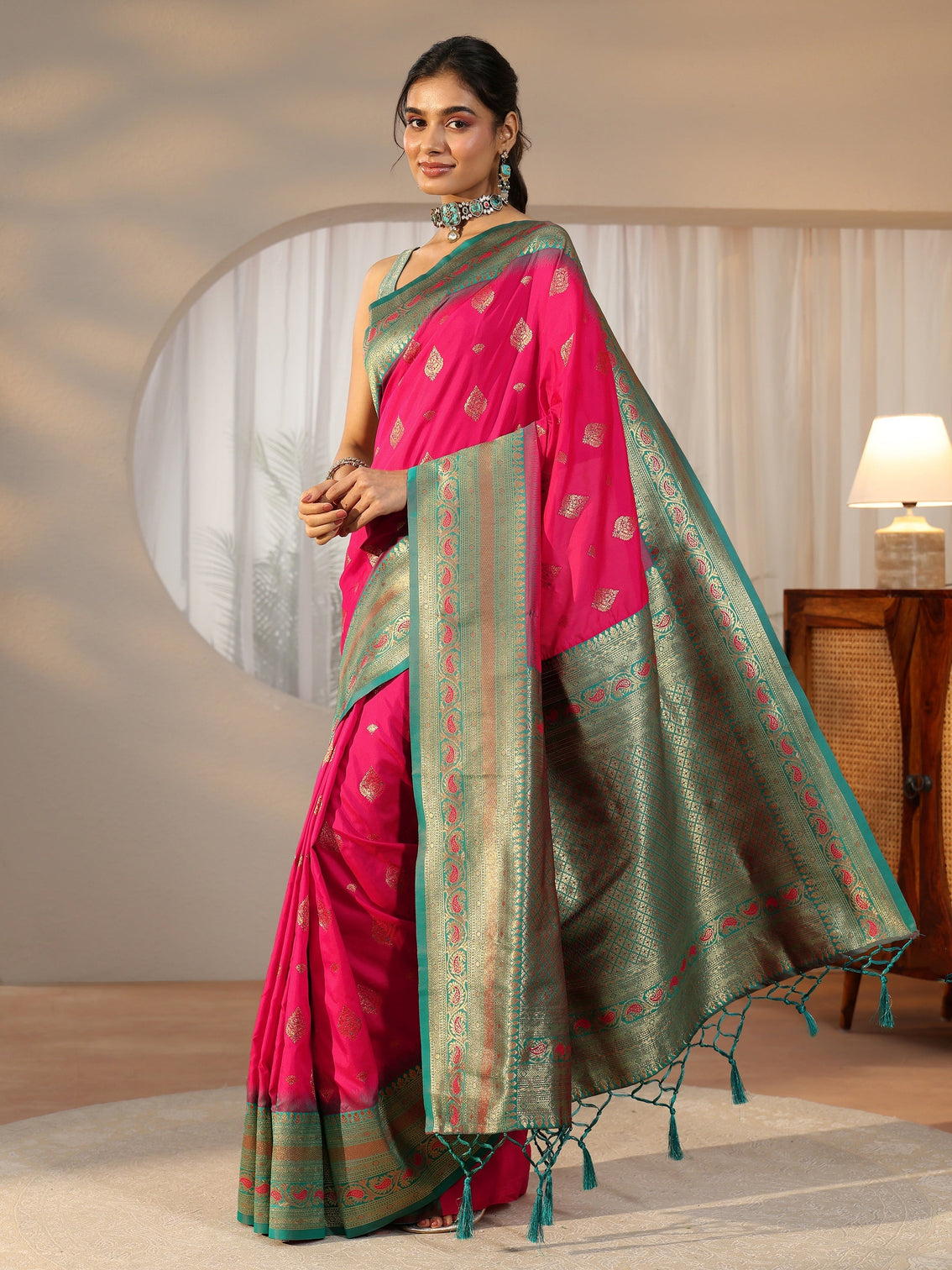 Mameraa Rani Pink Banarasi Silk Blend Saree