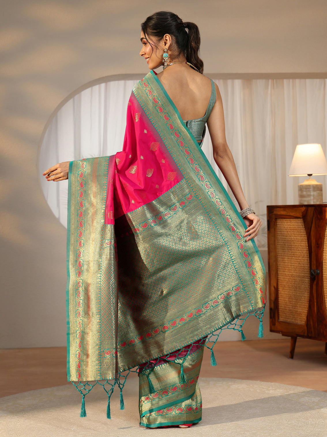 Mameraa Rani Pink Banarasi Silk Blend Saree
