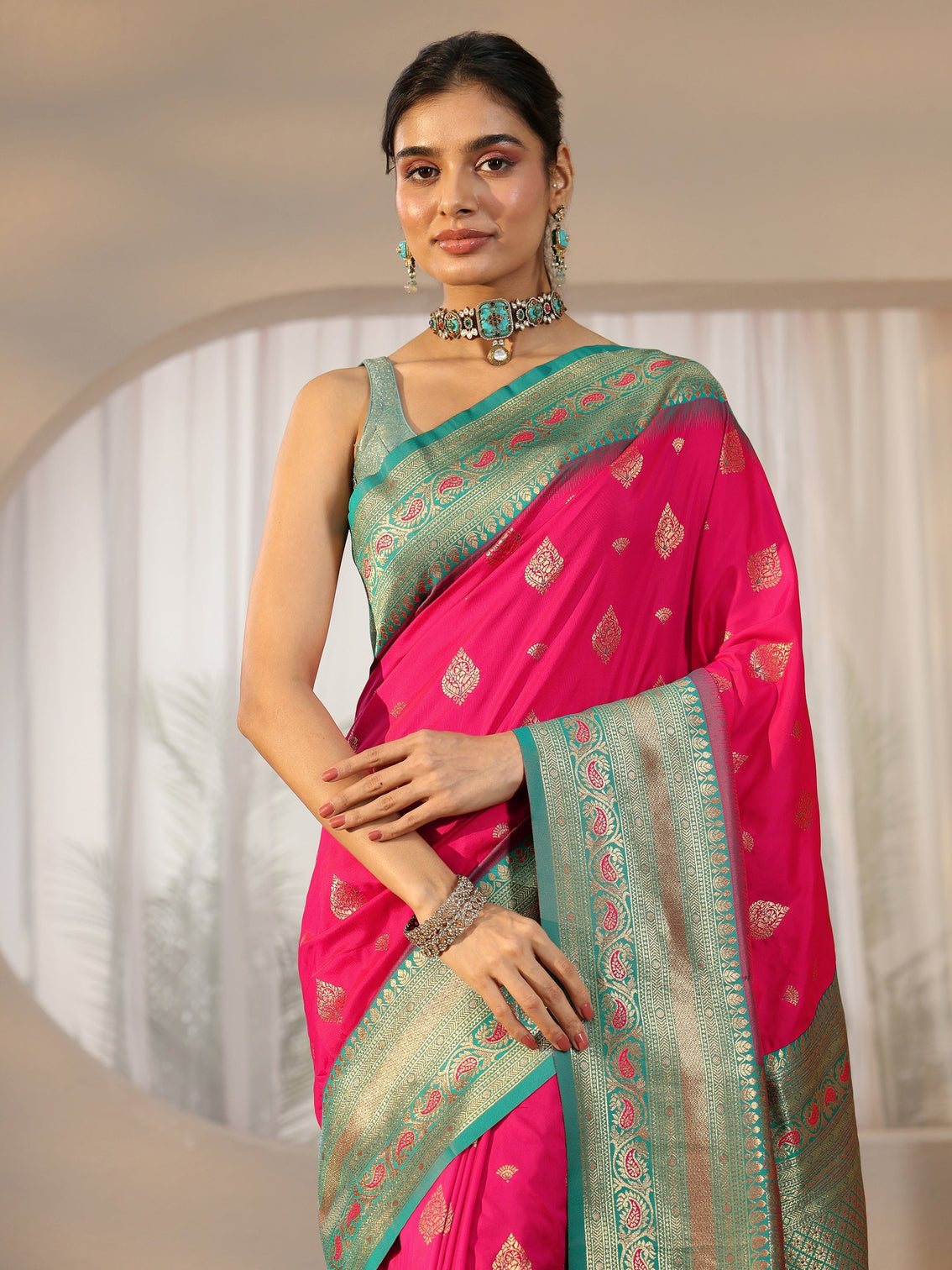 Mameraa Rani Pink Banarasi Silk Blend Saree