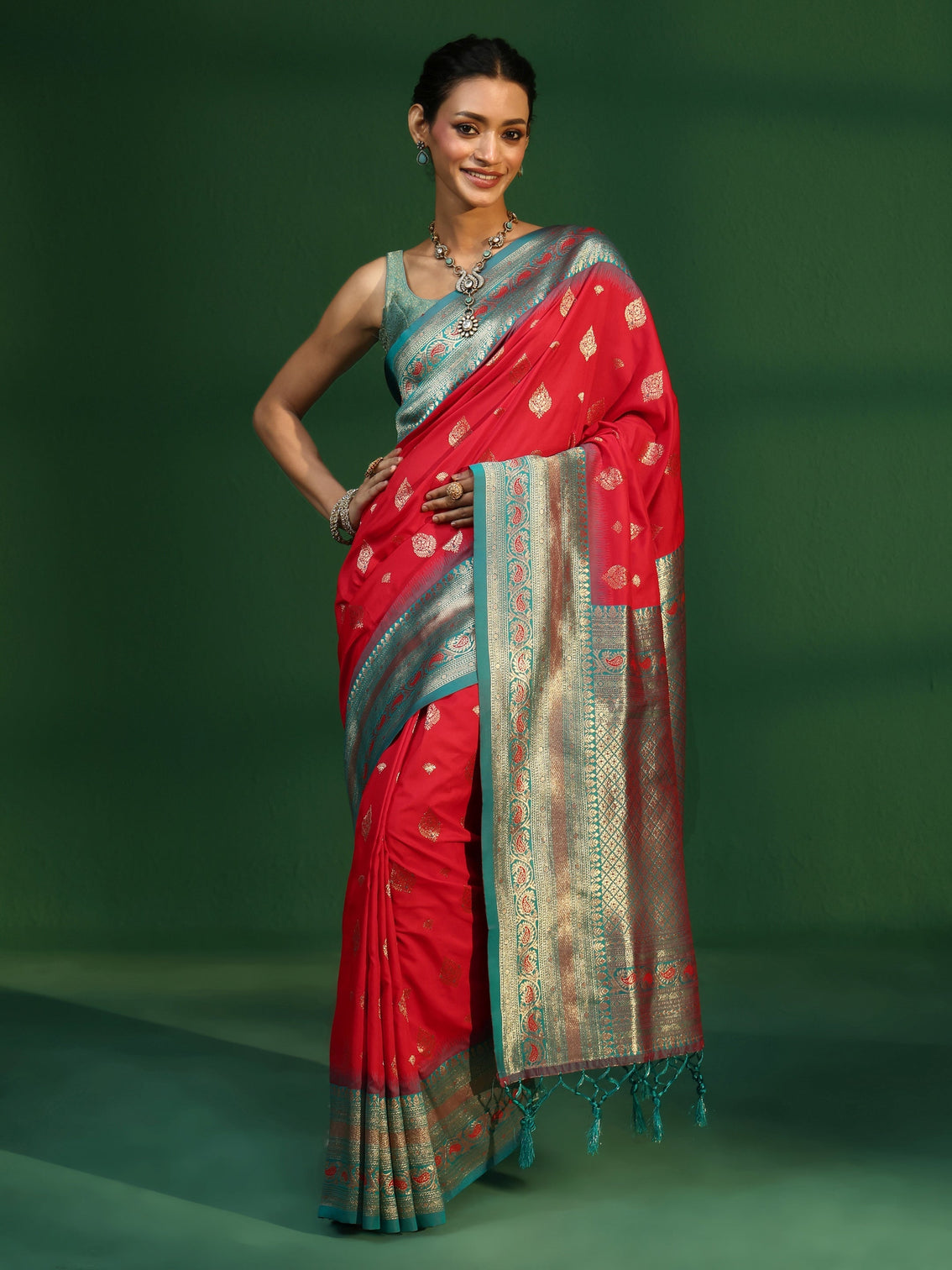 Mameraa Vermillion Red Banarasi Silk Blend Saree