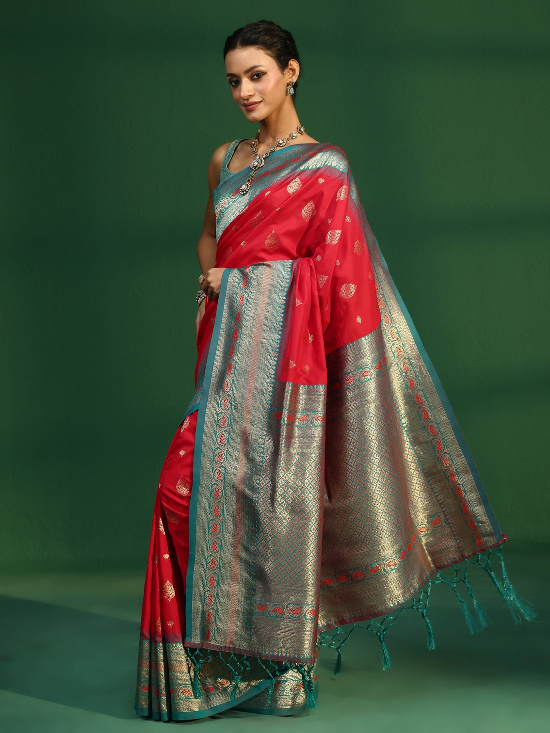 Mameraa Vermillion Red Banarasi Silk Blend Saree
