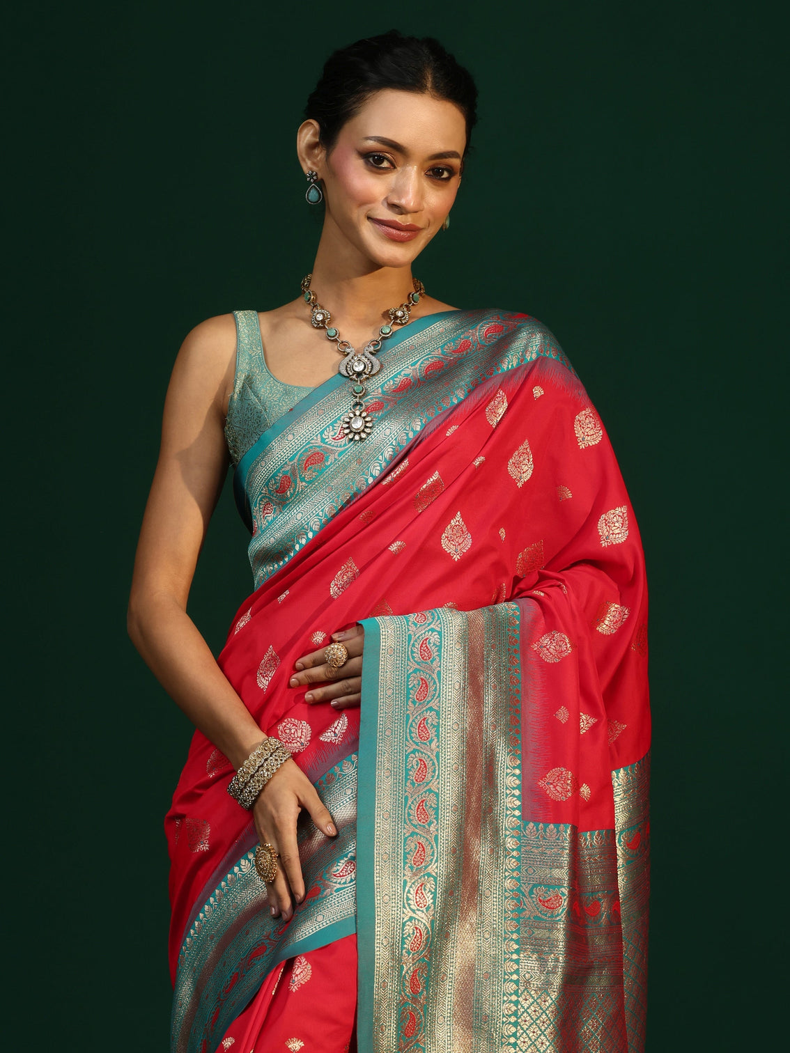 Mameraa Vermillion Red Banarasi Silk Blend Saree