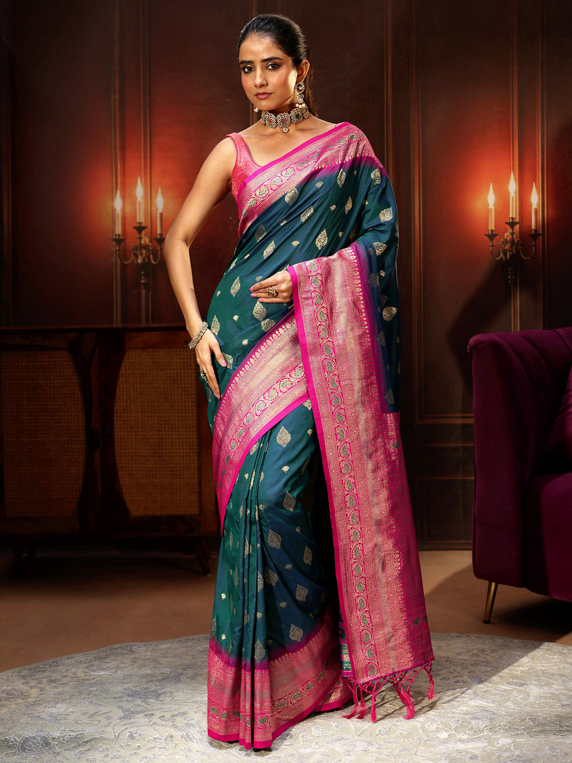 Mameraa Navy Blue Banarasi Silk Blend Saree