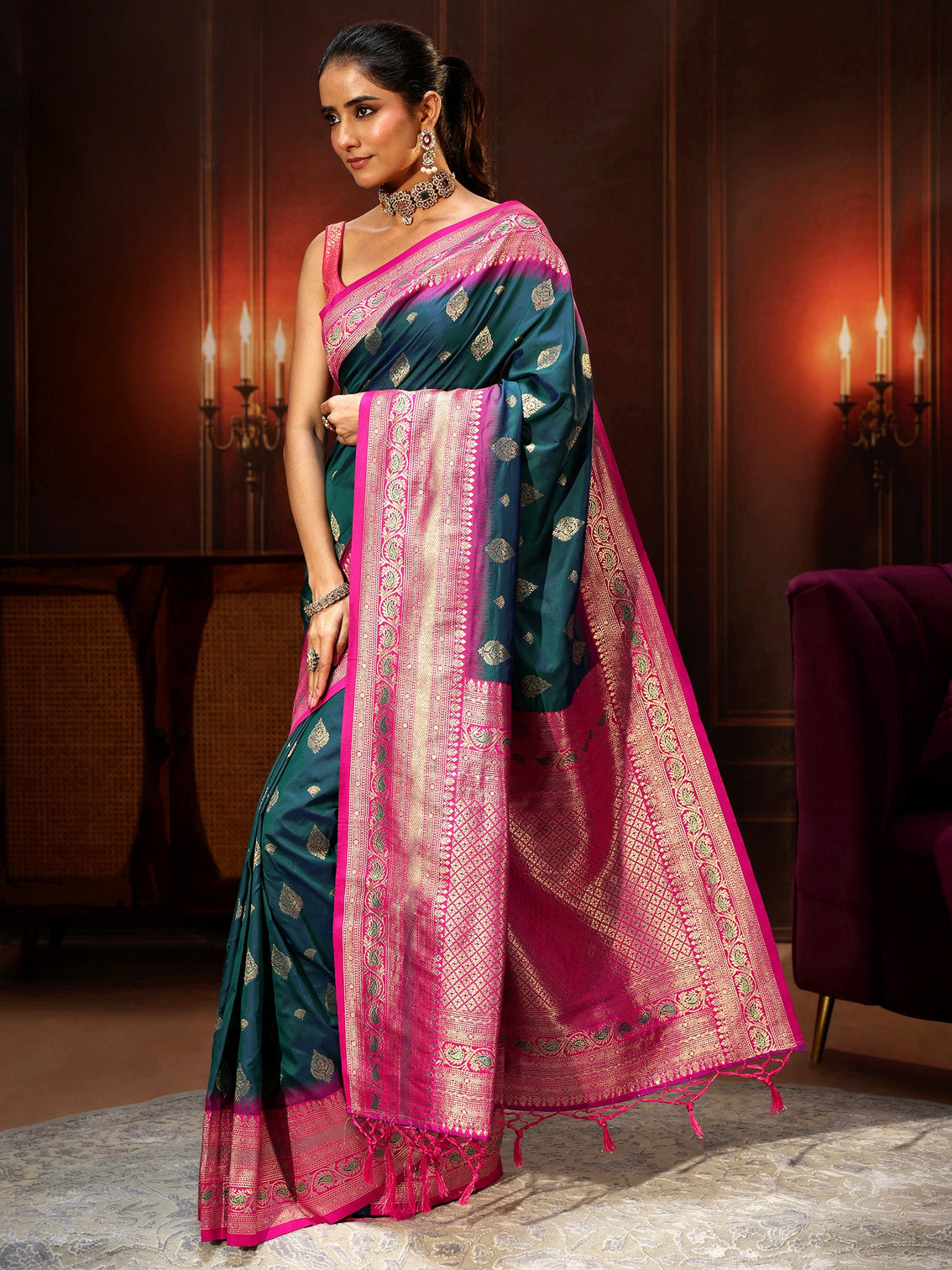Mameraa Navy Blue Banarasi Silk Blend Saree