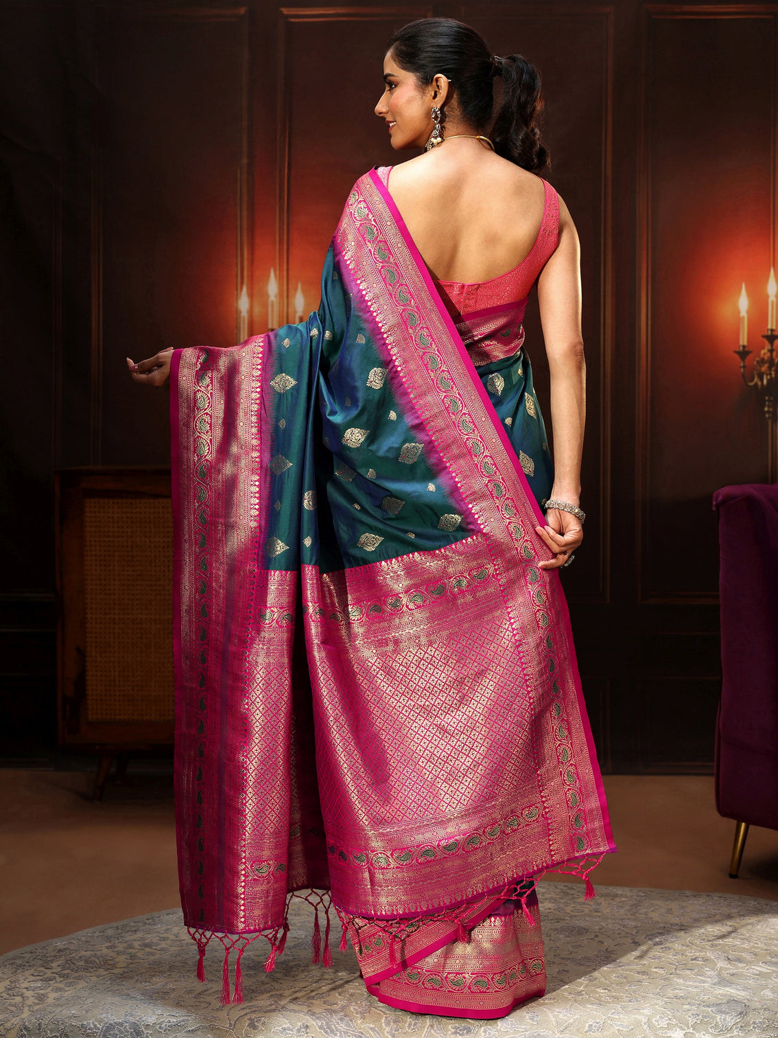 Mameraa Navy Blue Banarasi Silk Blend Saree
