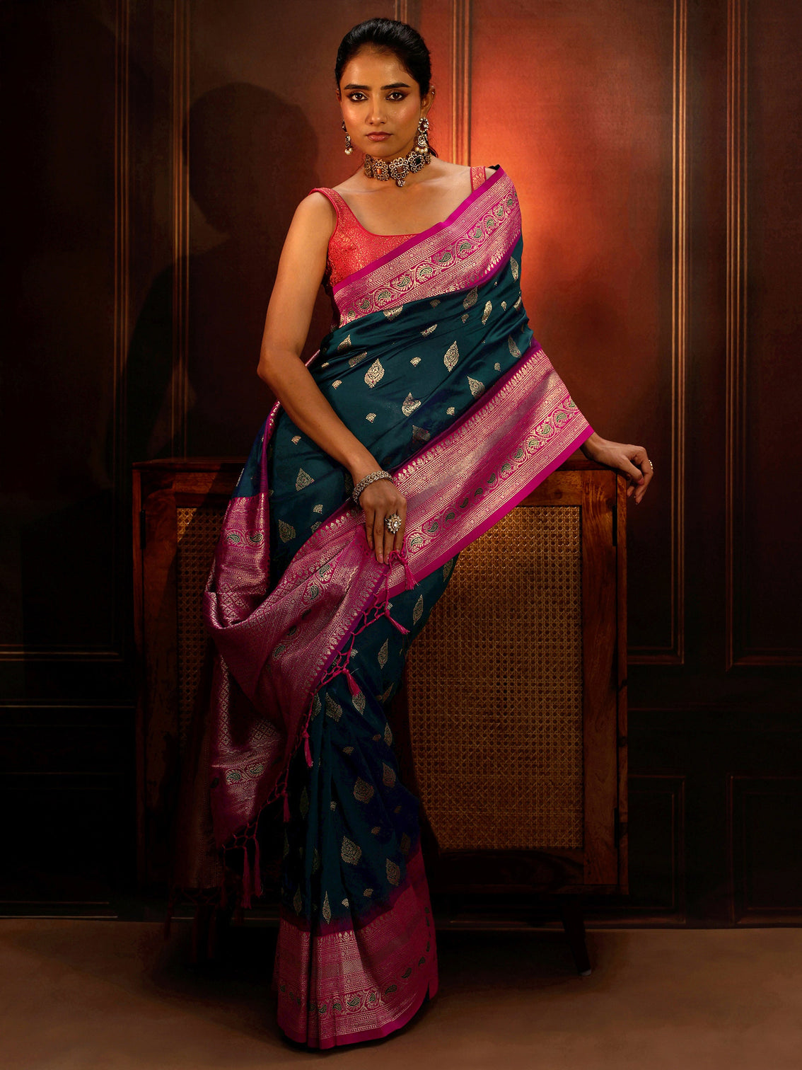 Mameraa Navy Blue Banarasi Silk Blend Saree