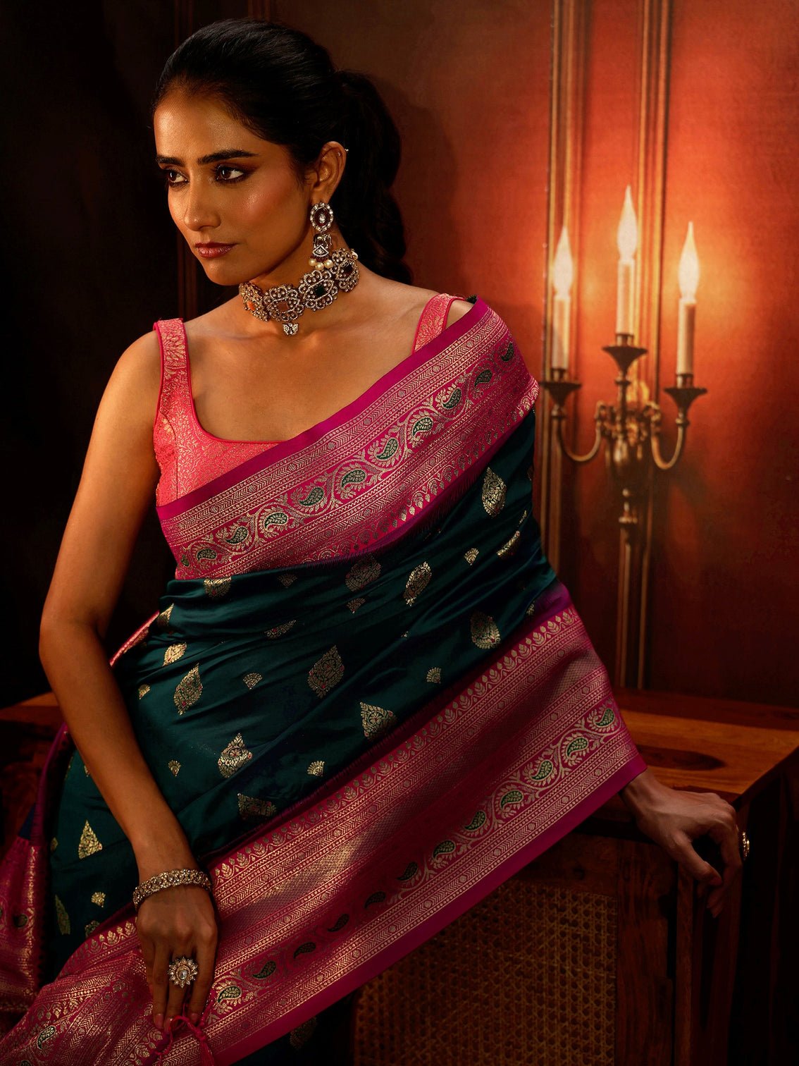 Mameraa Navy Blue Banarasi Silk Blend Saree