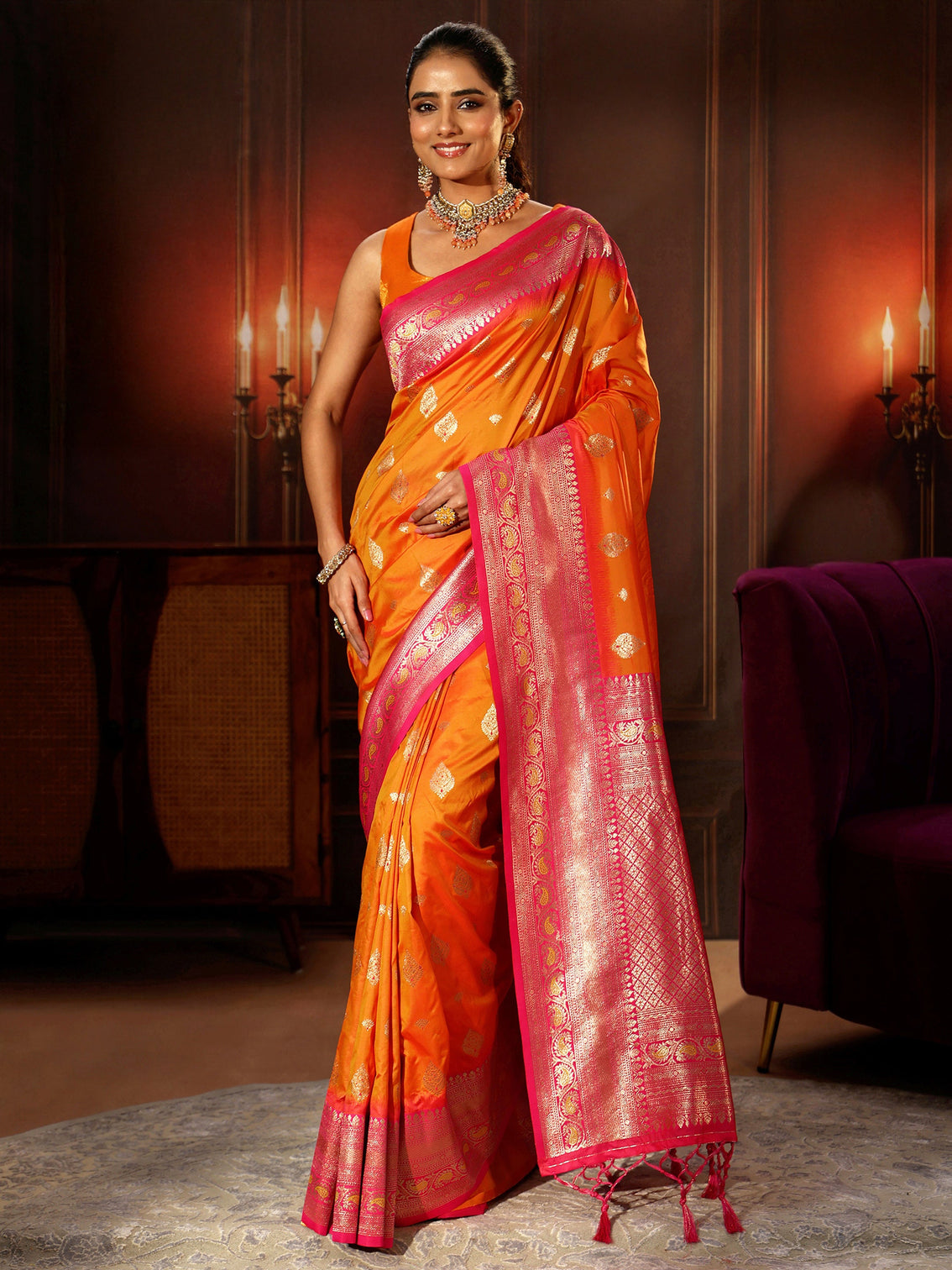 Mameraa Mustard Banarasi Silk Blend Saree